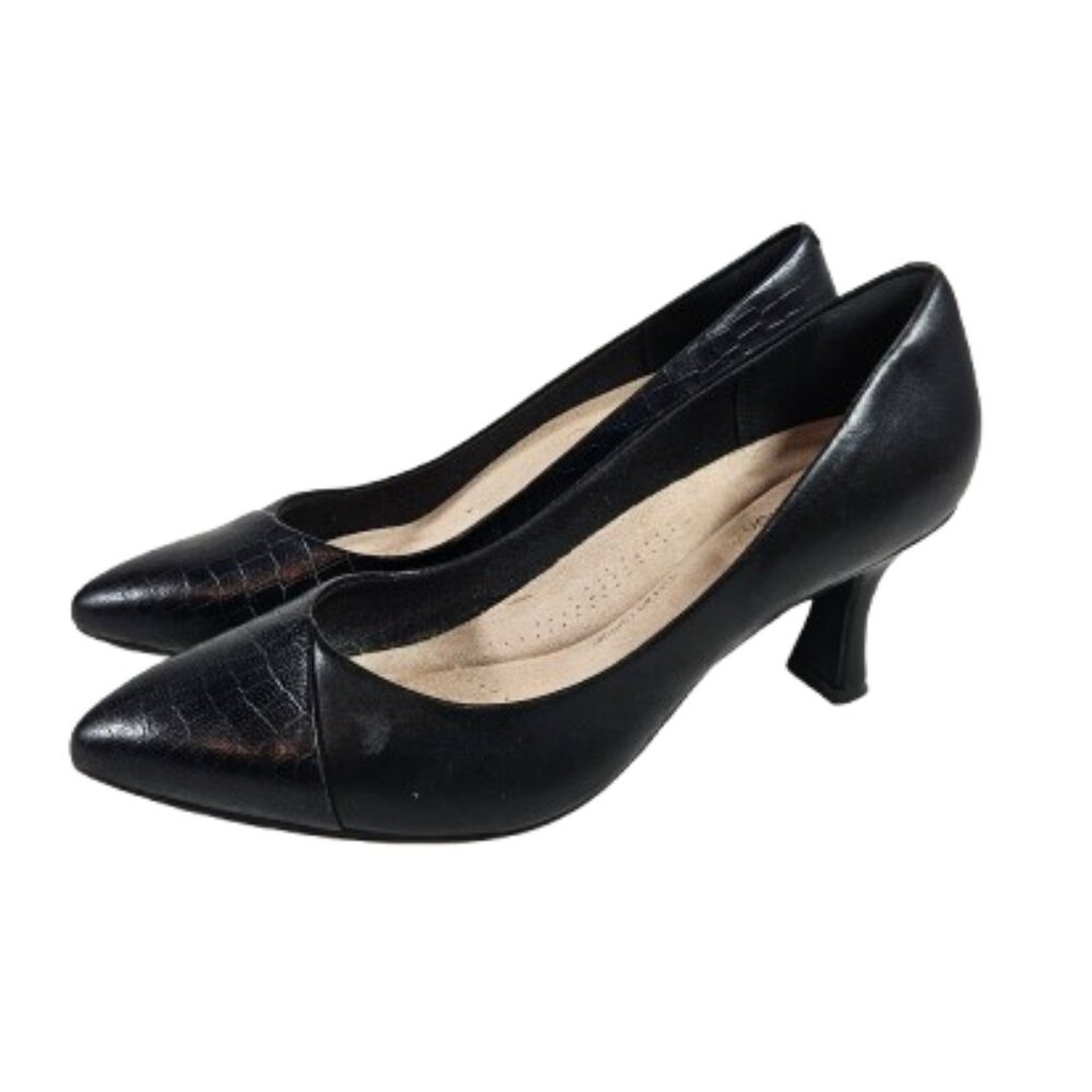 Clarks Black Pointed Toe Mid Heel Pumps